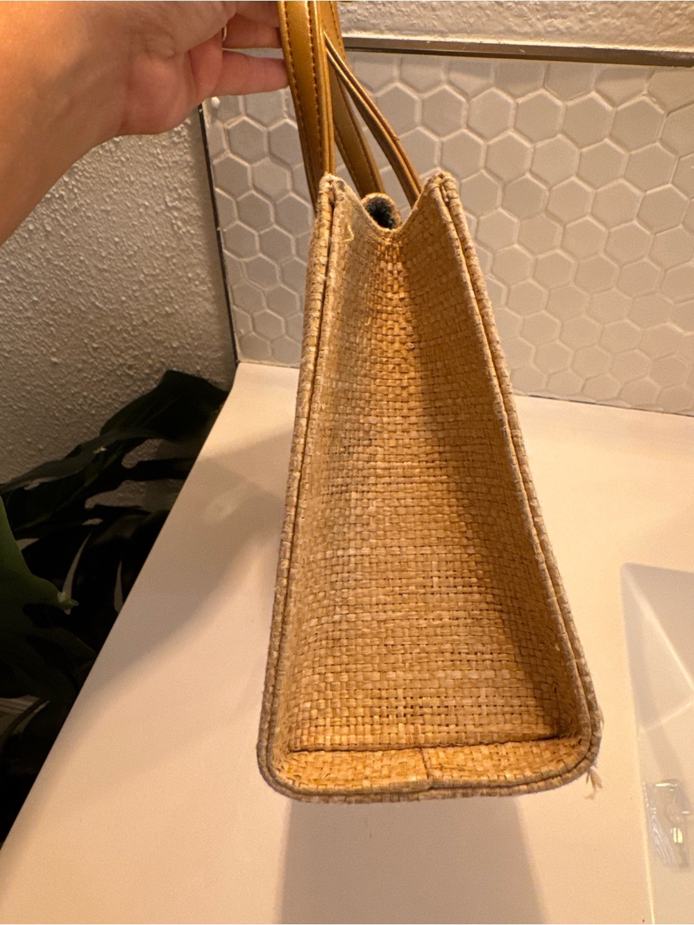 Kate Spade Natural Raffia Tote with Tan Leather Handles Colorful Interior - Picture 10 of 10
